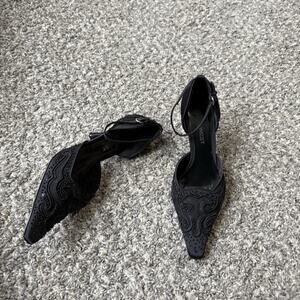 Vtg Nine West Black Kitten Heels Pointed Toe Ankle Strap Formal Beaded Y2K 7.5 M
